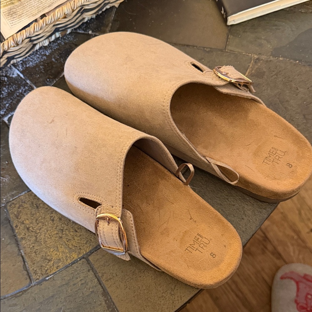 Time and Tru Beige Suede Slip-On Mules